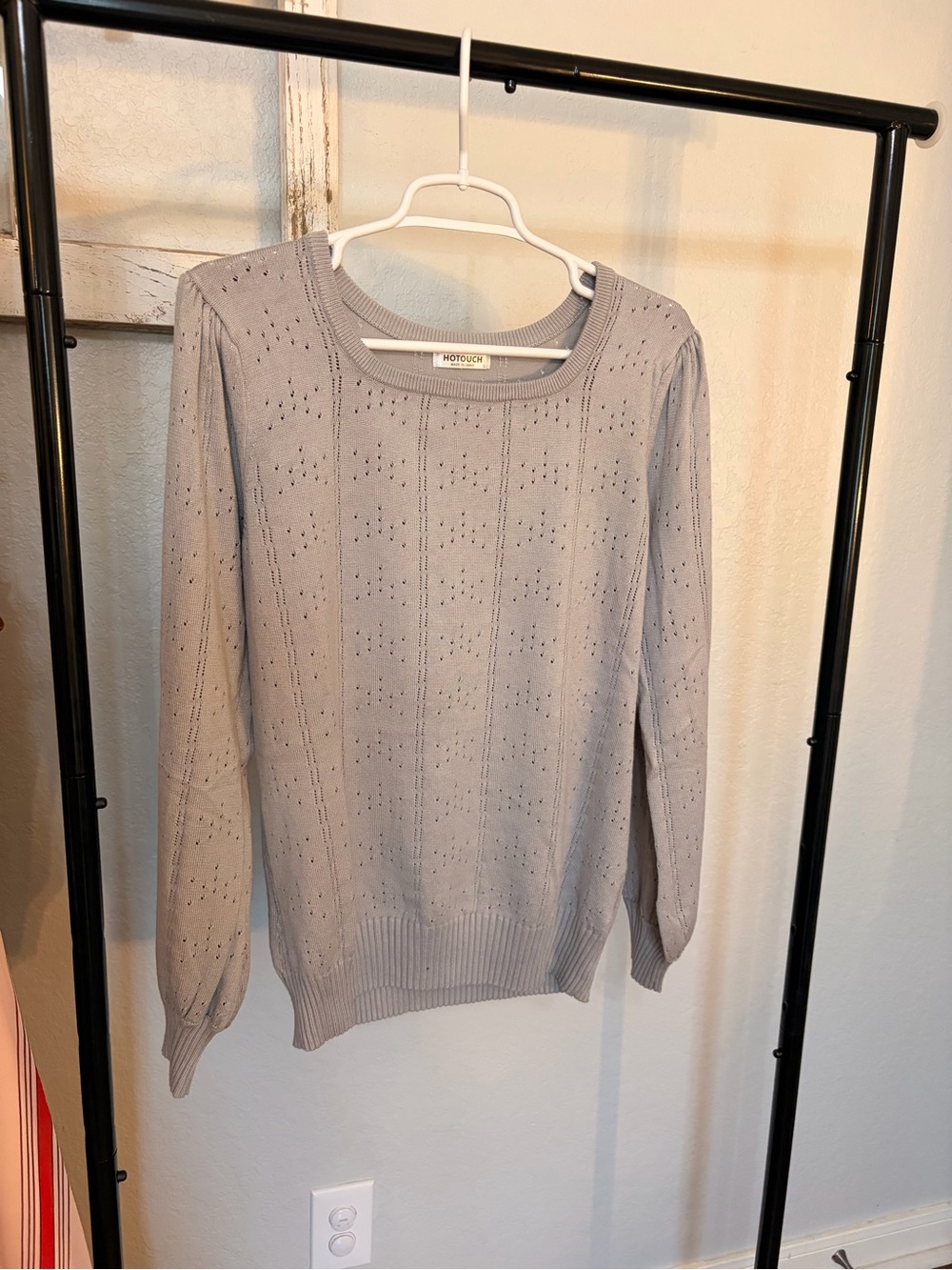HOTOUCH Women's Light Gray Eyelet Knit Crewneck Sweater
